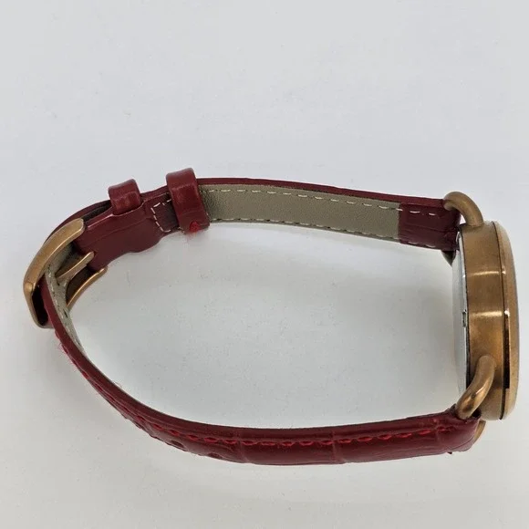 Fossil Women Watch 34MM Gold Dial Date New Red Leather Bands New Battery - Picture 13 of 16